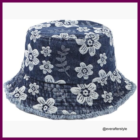 Vintage Cotton Denim Bucket Hat with Floral Embroidery and Pocket main image 5